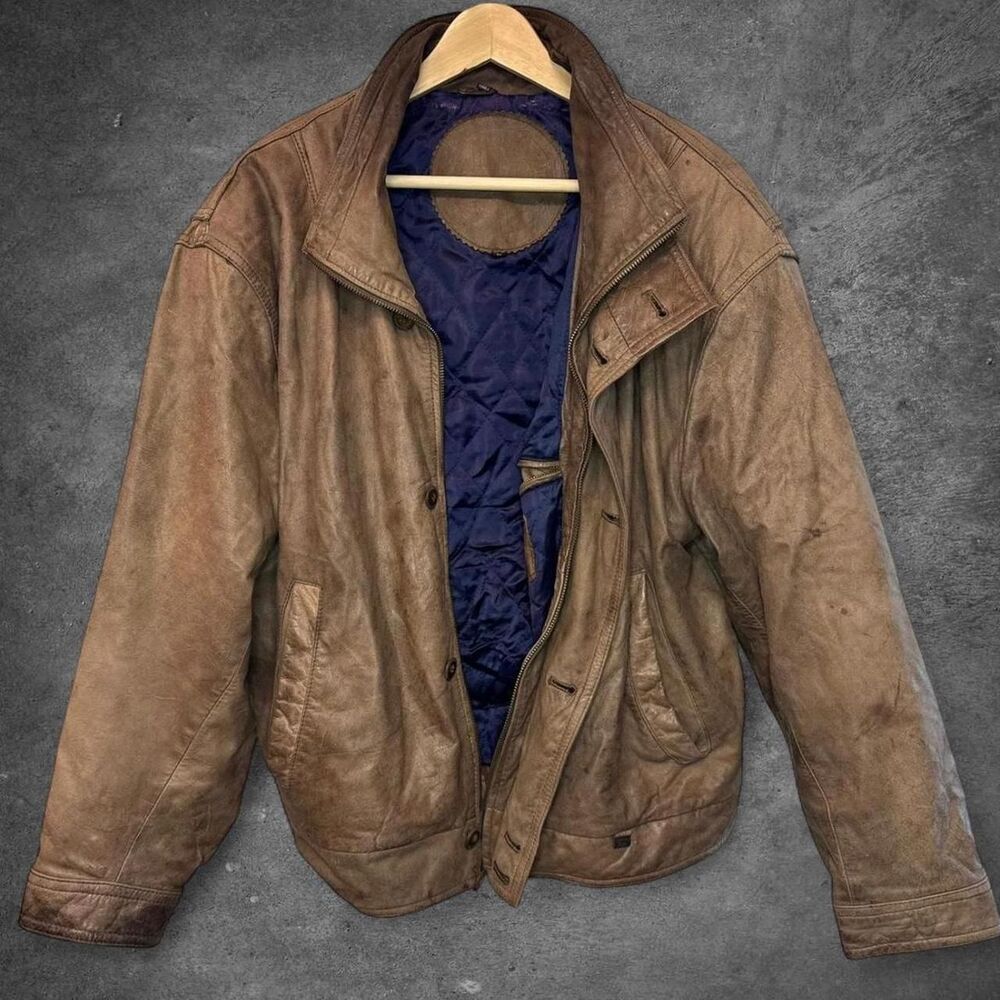 Men's American Vintage Brown Leather Jacket w/ Rare Blue Satin Interior